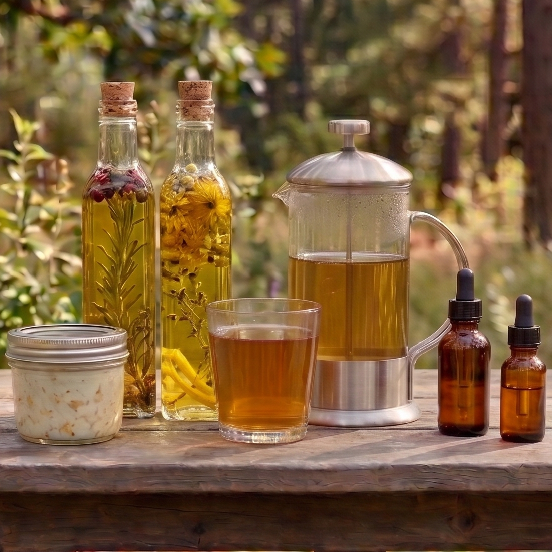 Herbal tea, tinctures, salve, and oil infusions on a table in Nature