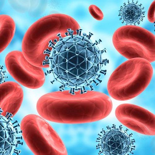 Illustration of red blood cells with blue virus particles on a light blue background